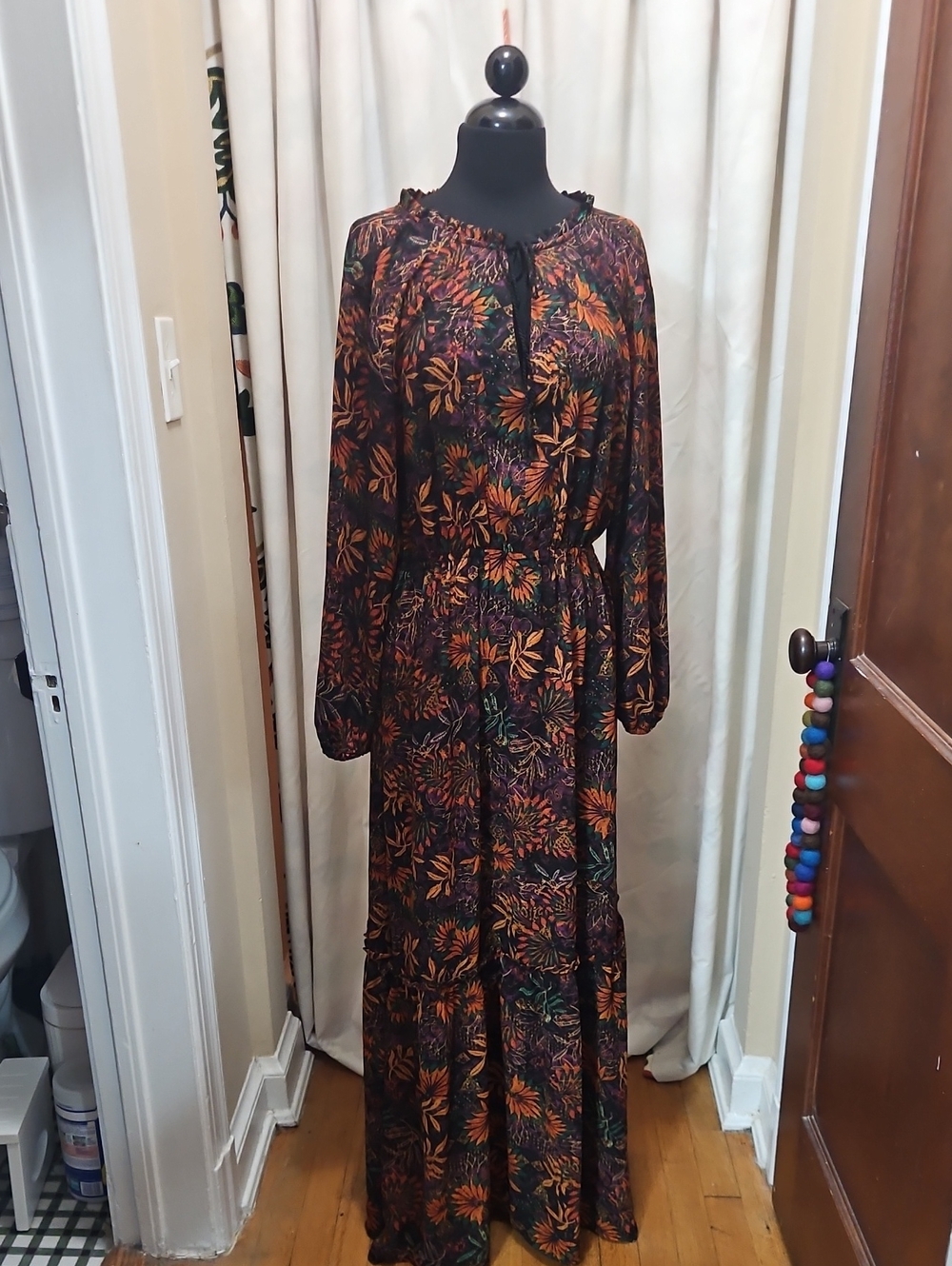 Long Sleeve Floral Maxi Dress in Black and Orange